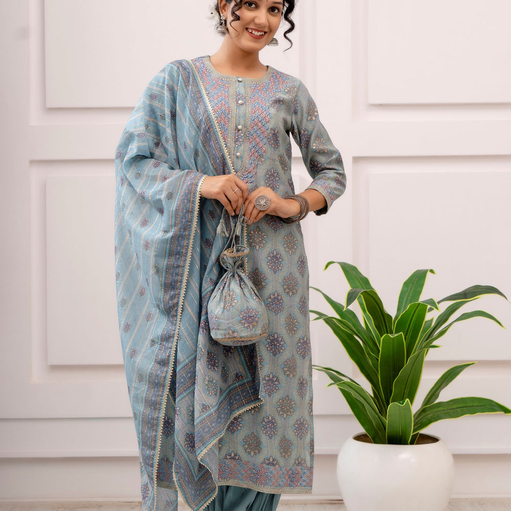 Pastel blue and pink printed Muslin kurta set with trouser and dupatta