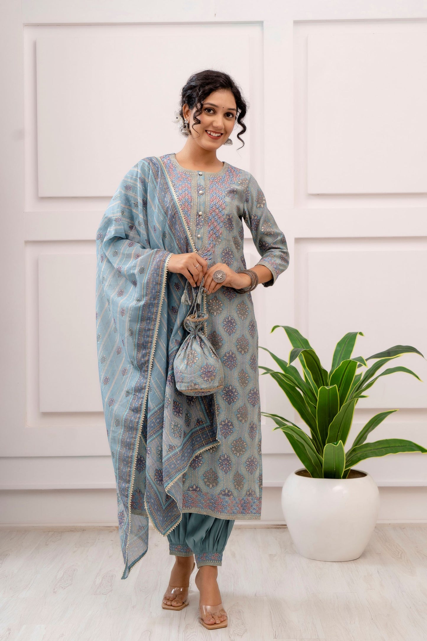 Pastel blue and pink printed Muslin kurta set with trouser and dupatta