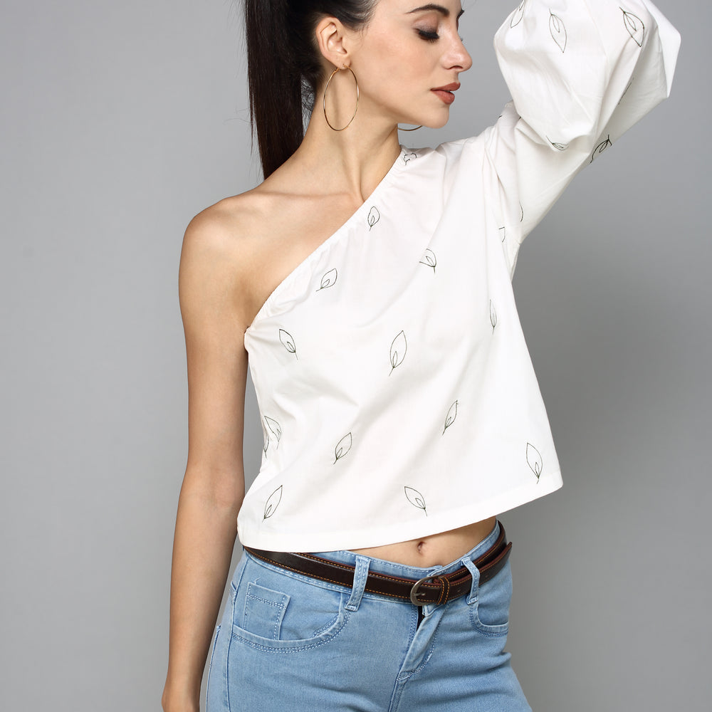 
                      
                        Aturabi Casual Sleeveless leaf embroidered Women White Top
                      
                    