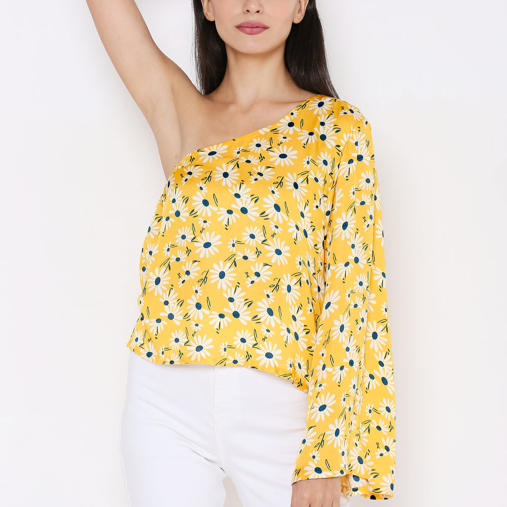 Aturabi Yellow Floral Print One Shoulder bell sleeves Top