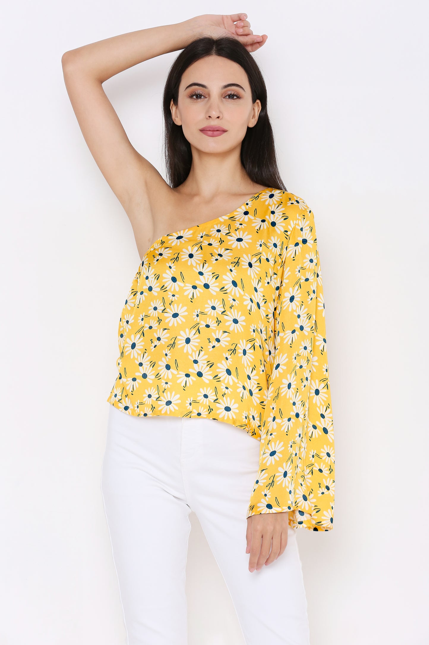 Aturabi Yellow Floral Print One Shoulder bell sleeves Top