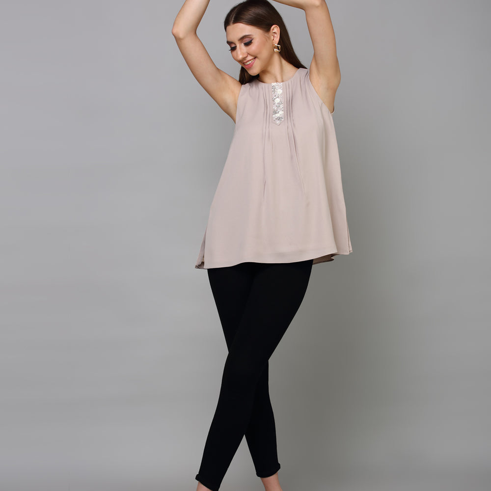 
                      
                        Women Taupe Embellished Georgette Top With Pleat Detailing
                      
                    