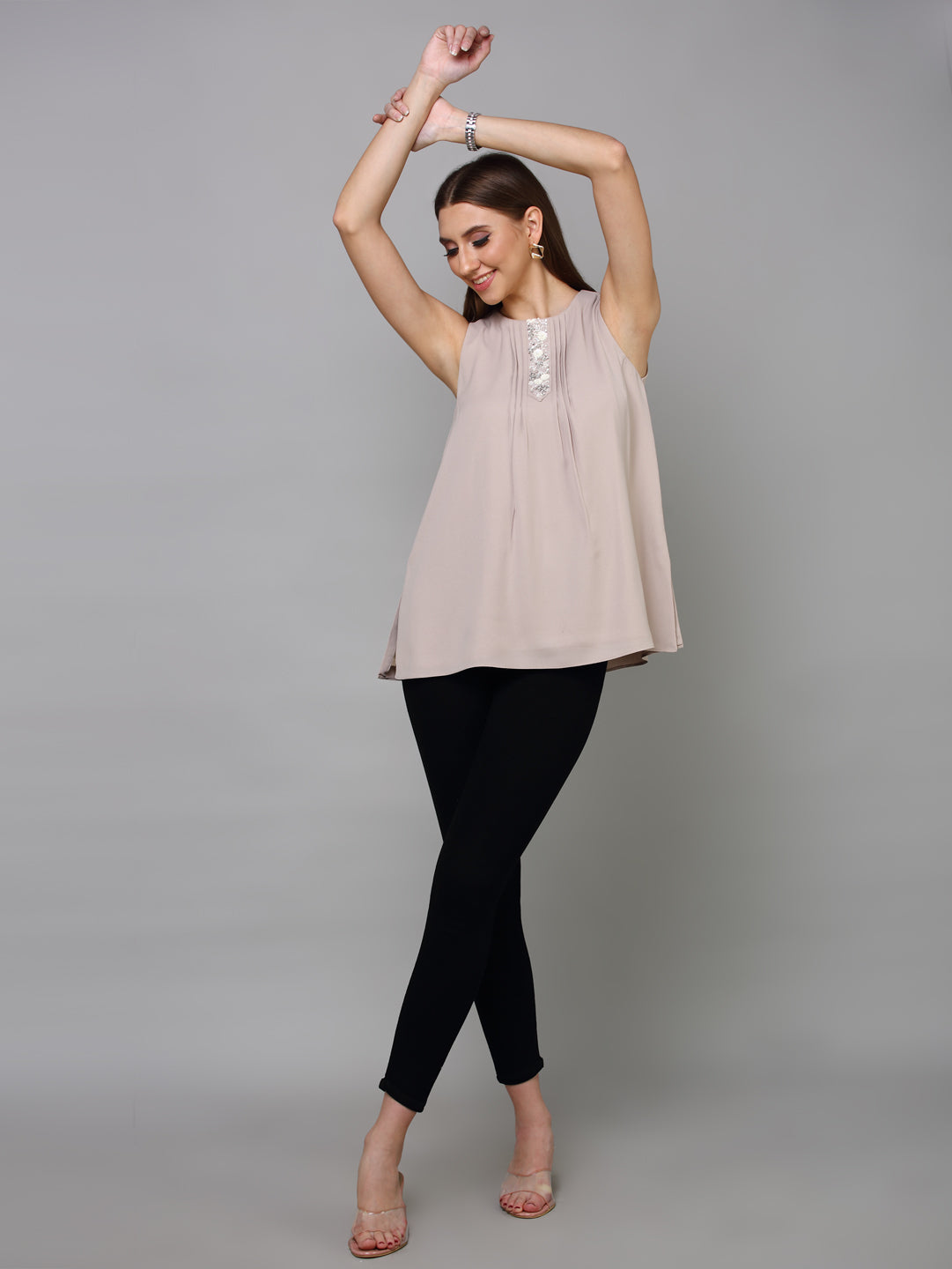 Women Taupe Embellished Georgette Top With Pleat Detailing