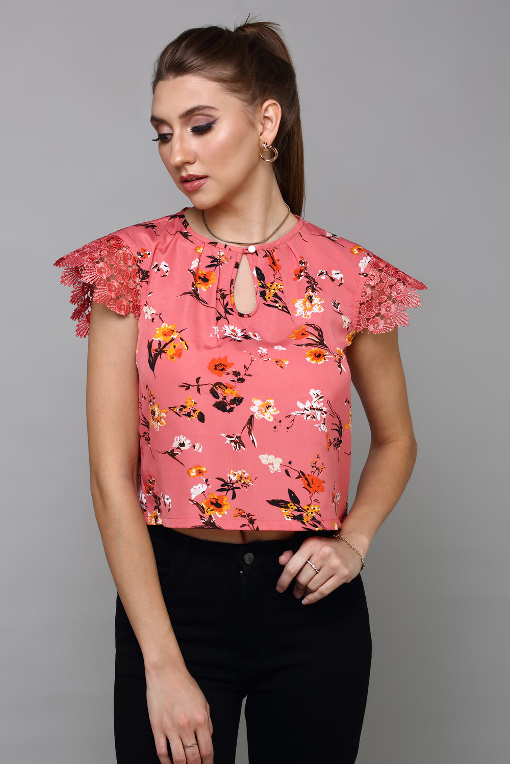 Aturabi Peach-Coloured Floral Print Tie-Up Neck Top