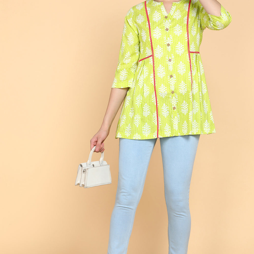 Floral Printed V-Neck Pure Cotton Panelled A-Line Kurti