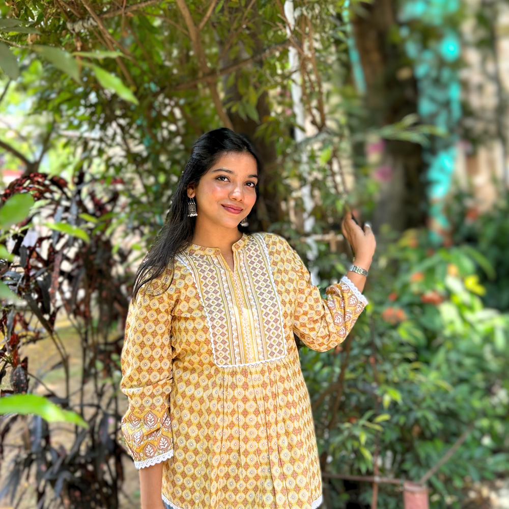 Yellow Geometric Hand-Printed Pure Cotton Kurti with Sequence Embroidery