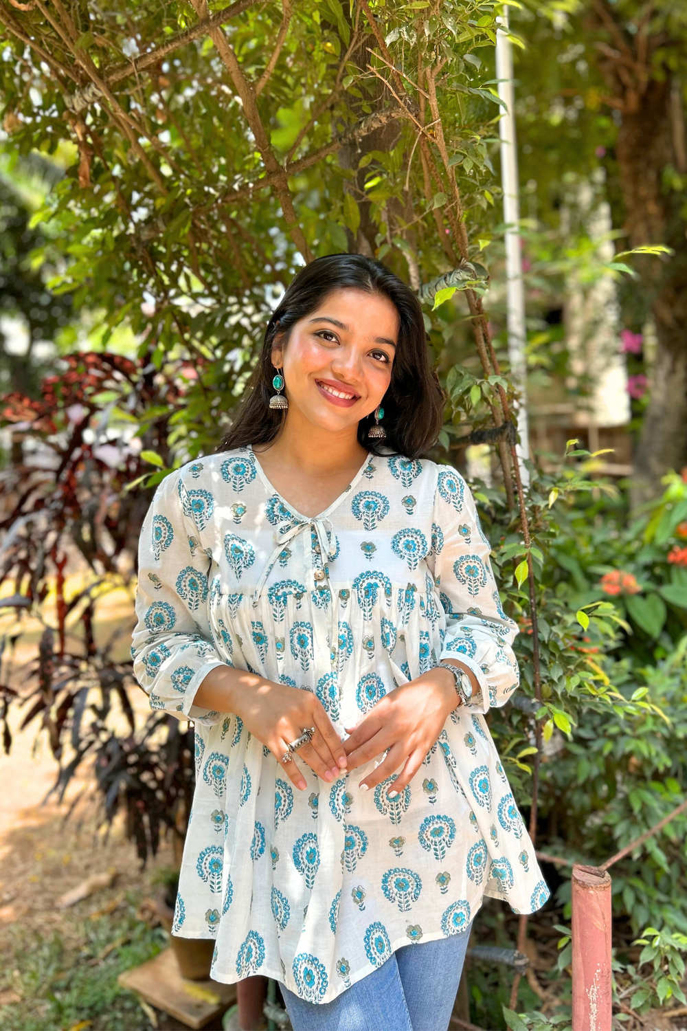 White And Blue Floral Printed Pure Cotton Kurti With Puff Sleeves And Wooden Buttons