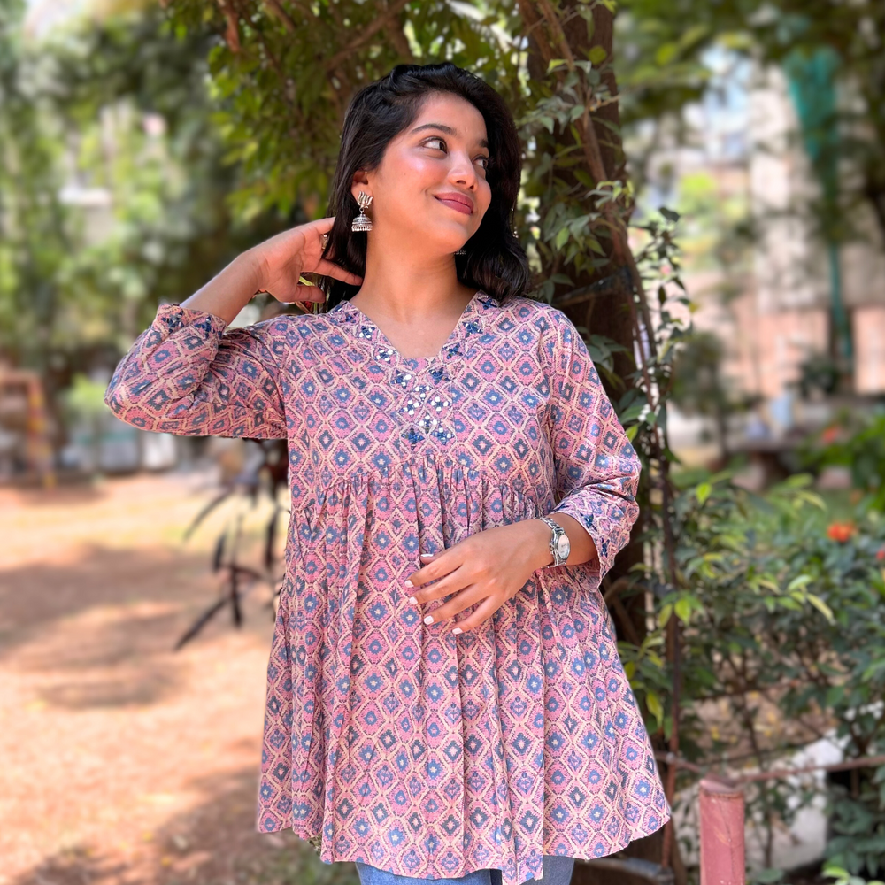 Onion Pink And Blue Mirror Embroidered Hand-Printed Pure Cotton Kurti