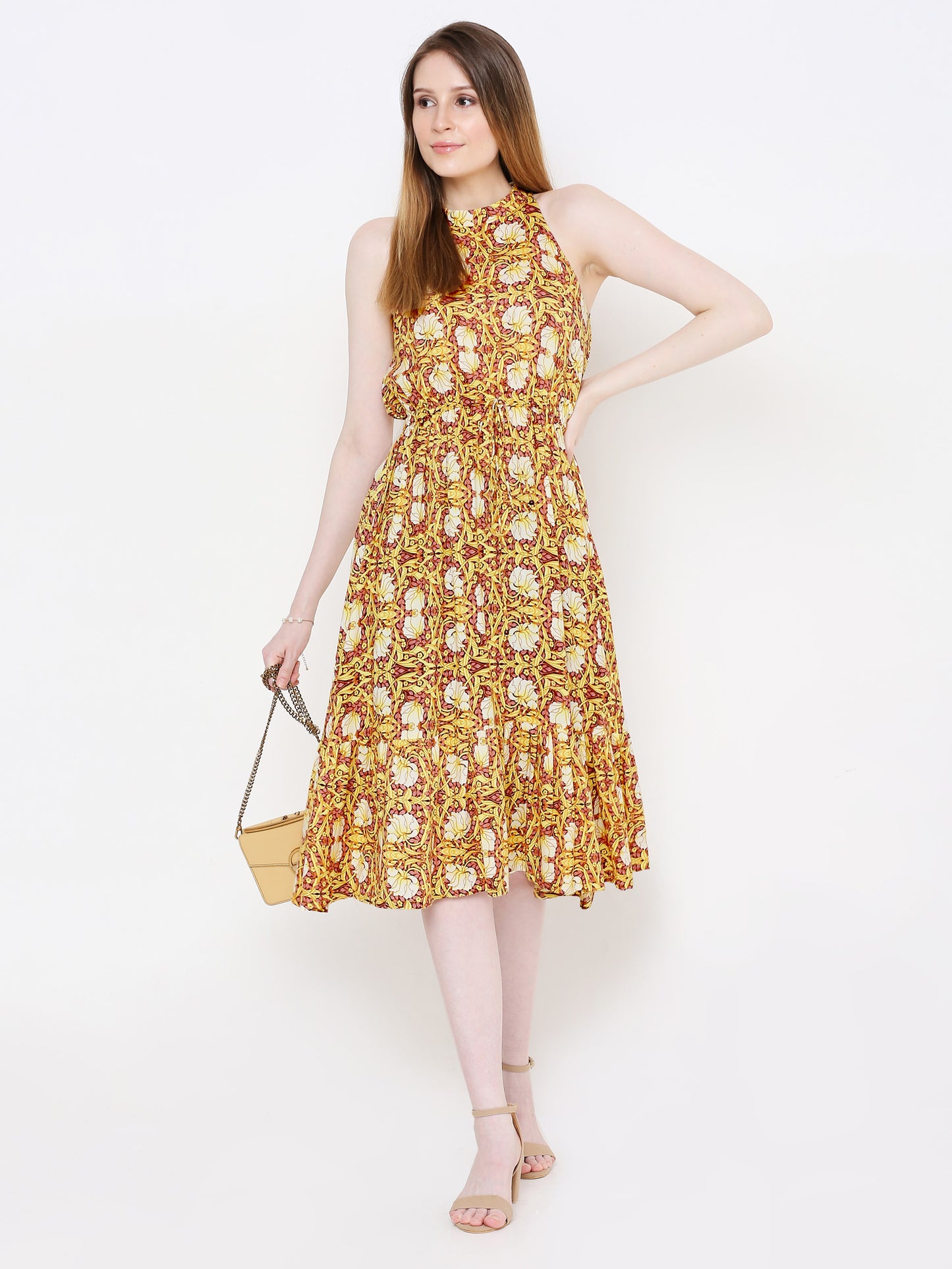 Yellow & Pink Floral A-Line Midi Dress