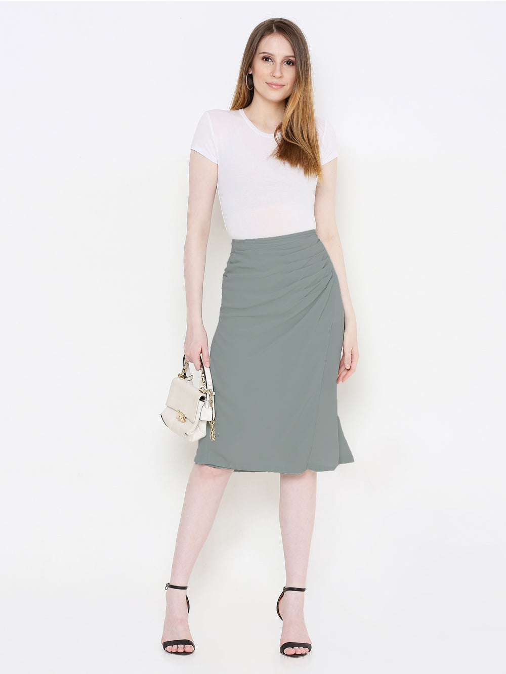 Women Grey Solid Knee Length A-Line Pleated Skirts