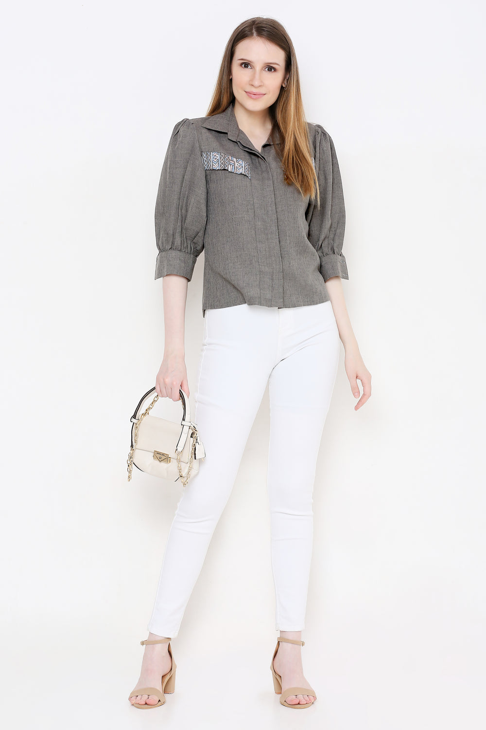 Women Grey Embroidered Shirt Style Top