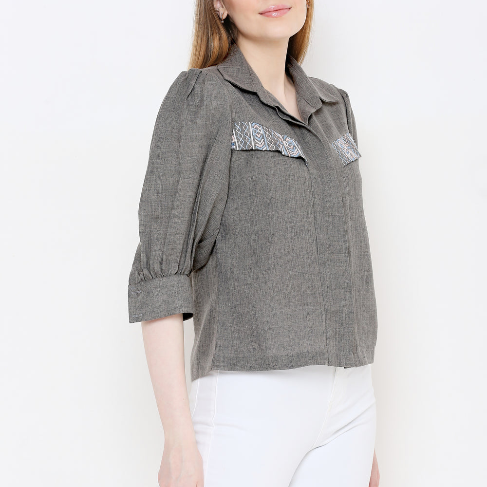 
                      
                        Women Grey Embroidered Shirt Style Top
                      
                    