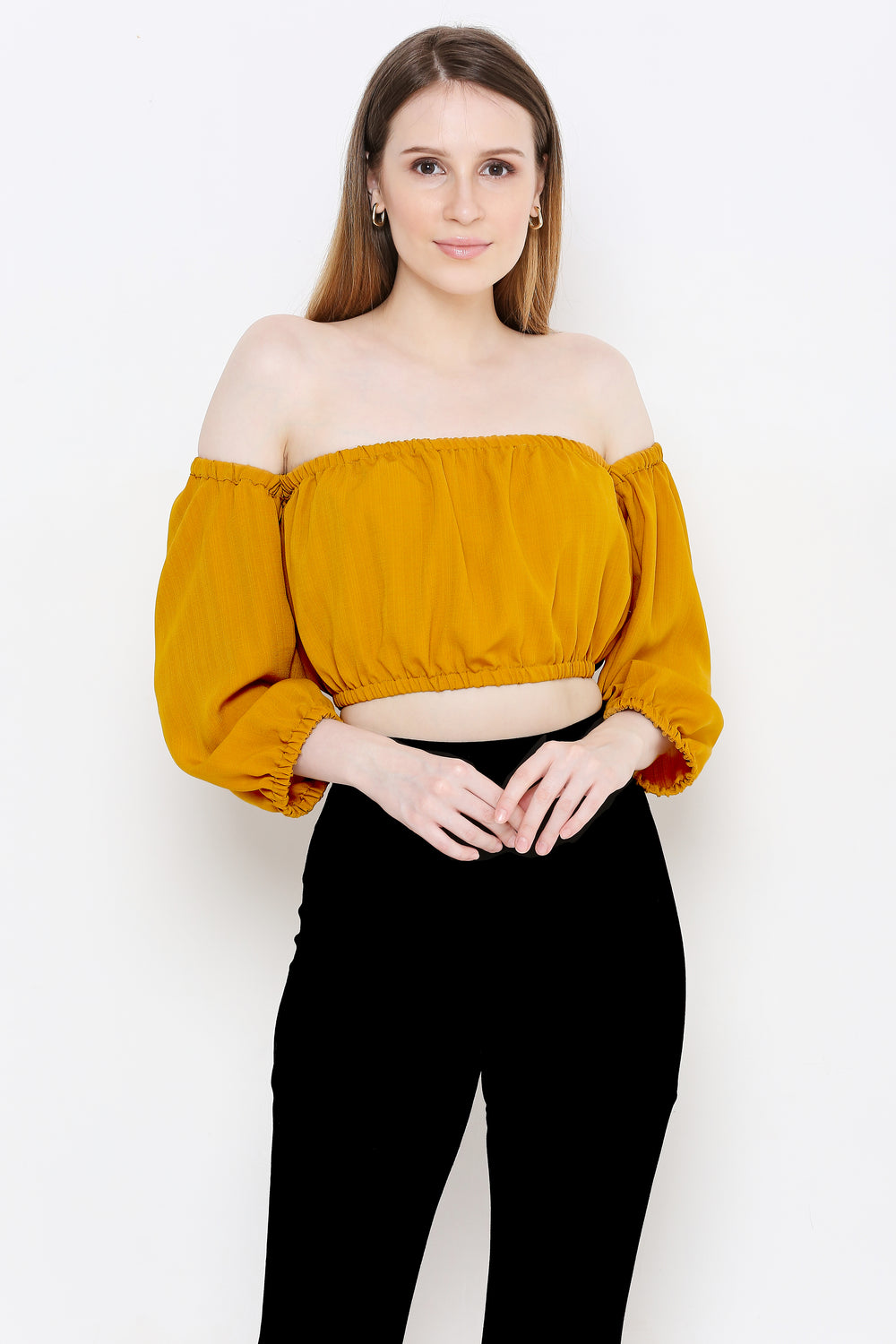 ATURABI Mustard Yellow Off-Shoulder Bardot Crop Top