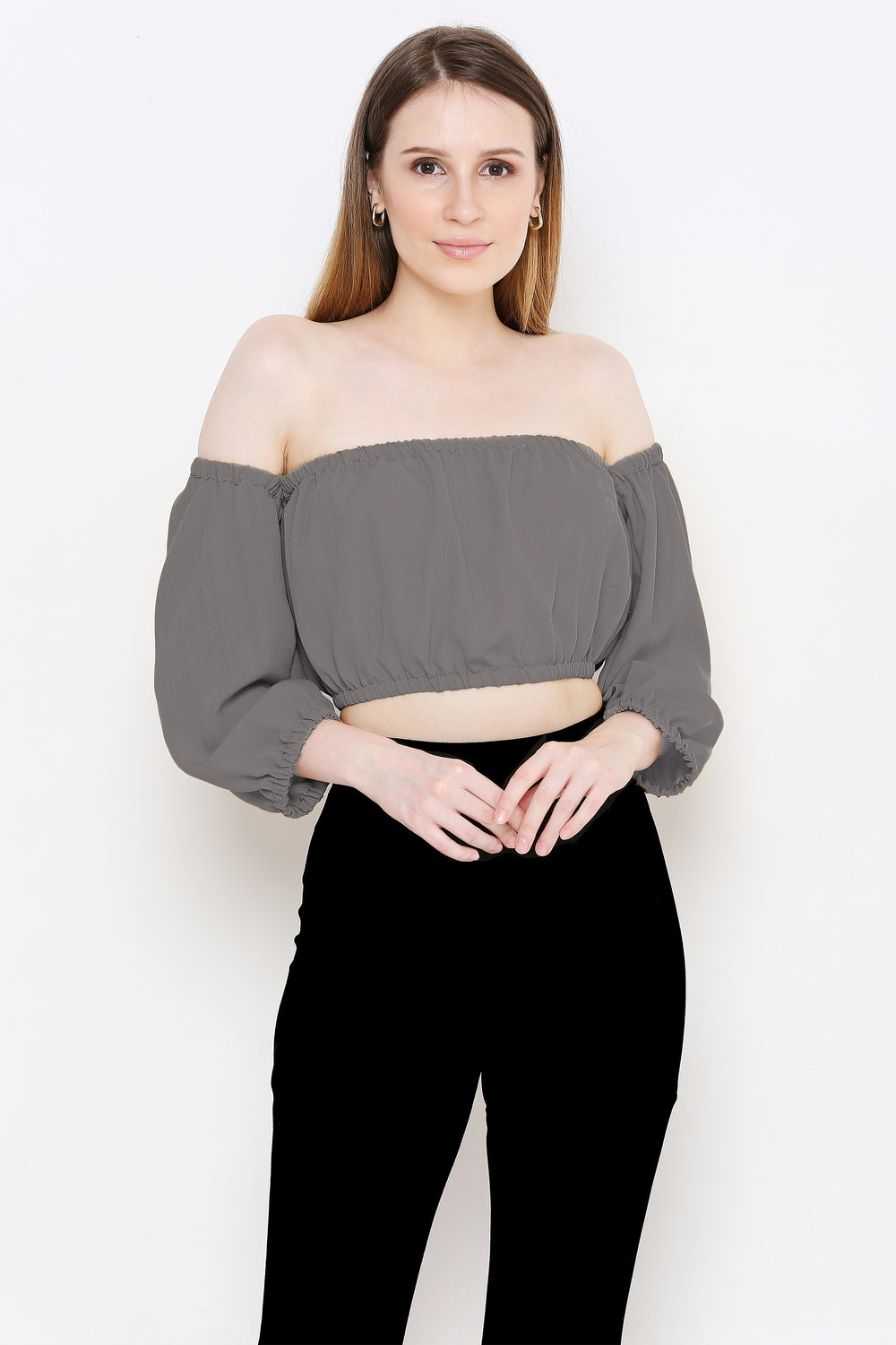 Aturabi Grey Off-Shoulder Bardot Crop Top