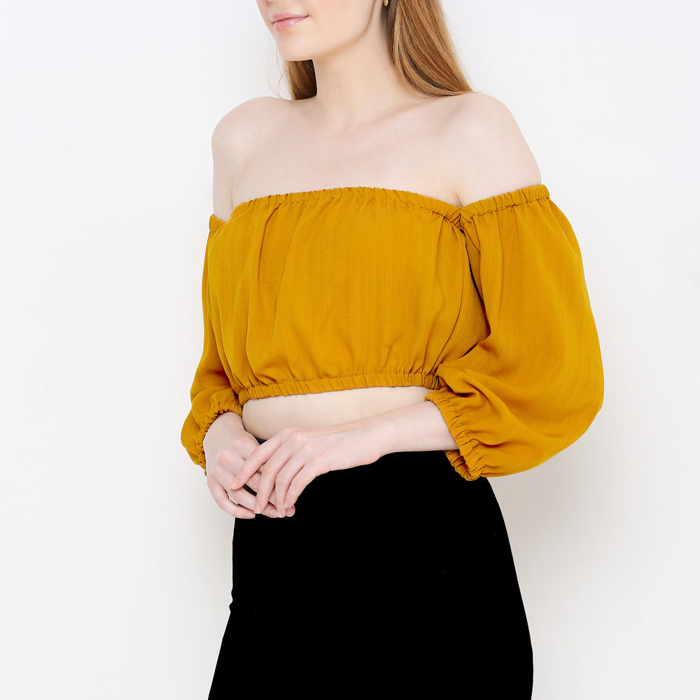 
                      
                        ATURABI Mustard Yellow Off-Shoulder Bardot Crop Top
                      
                    