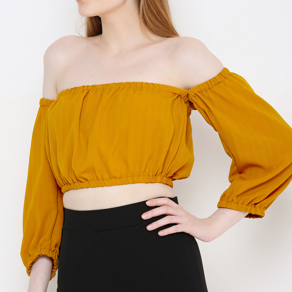 
                      
                        ATURABI Mustard Yellow Off-Shoulder Bardot Crop Top
                      
                    