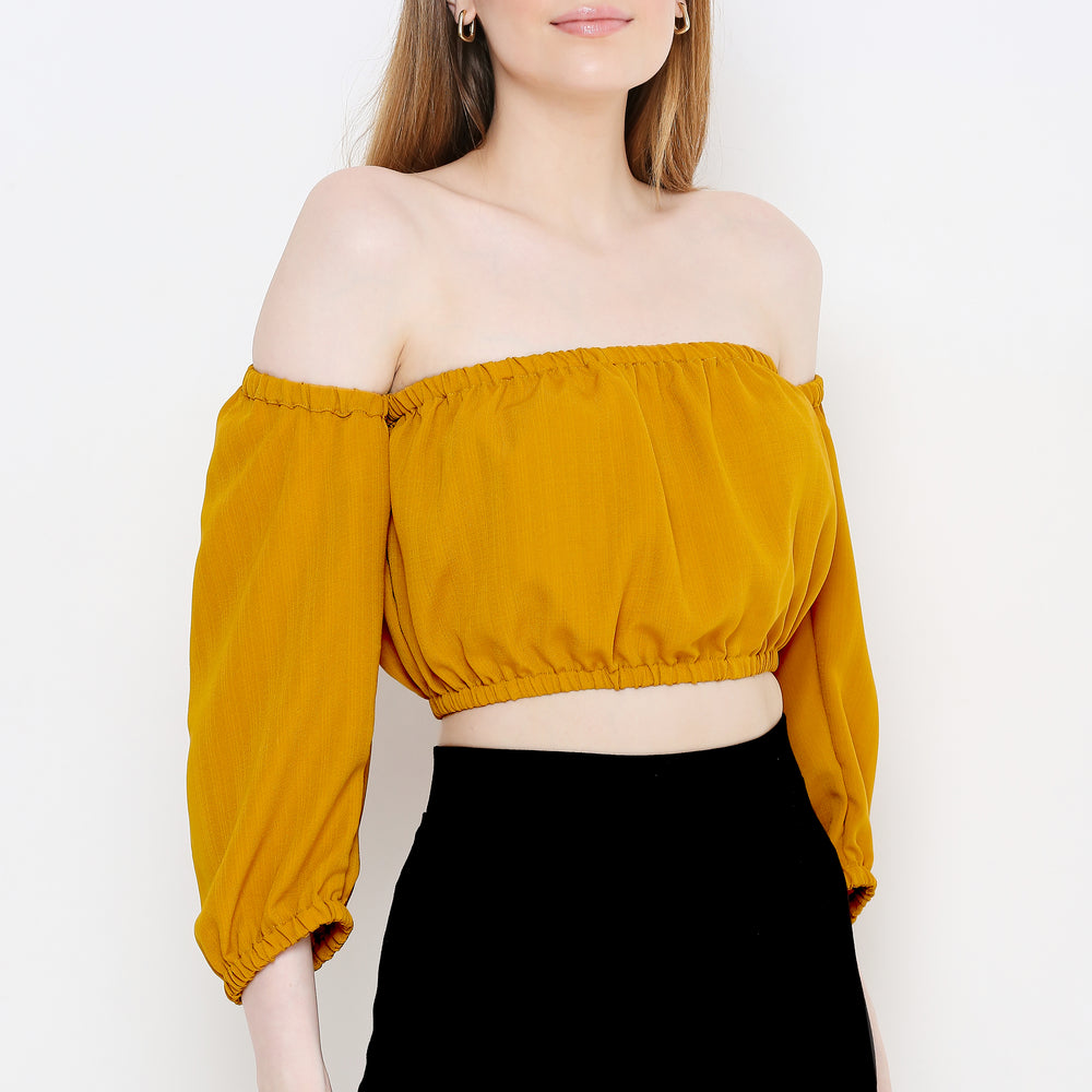 
                      
                        ATURABI Mustard Yellow Off-Shoulder Bardot Crop Top
                      
                    