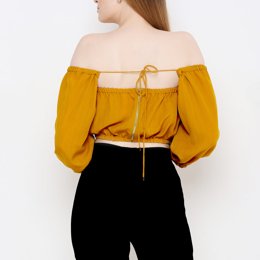 
                      
                        ATURABI Mustard Yellow Off-Shoulder Bardot Crop Top
                      
                    