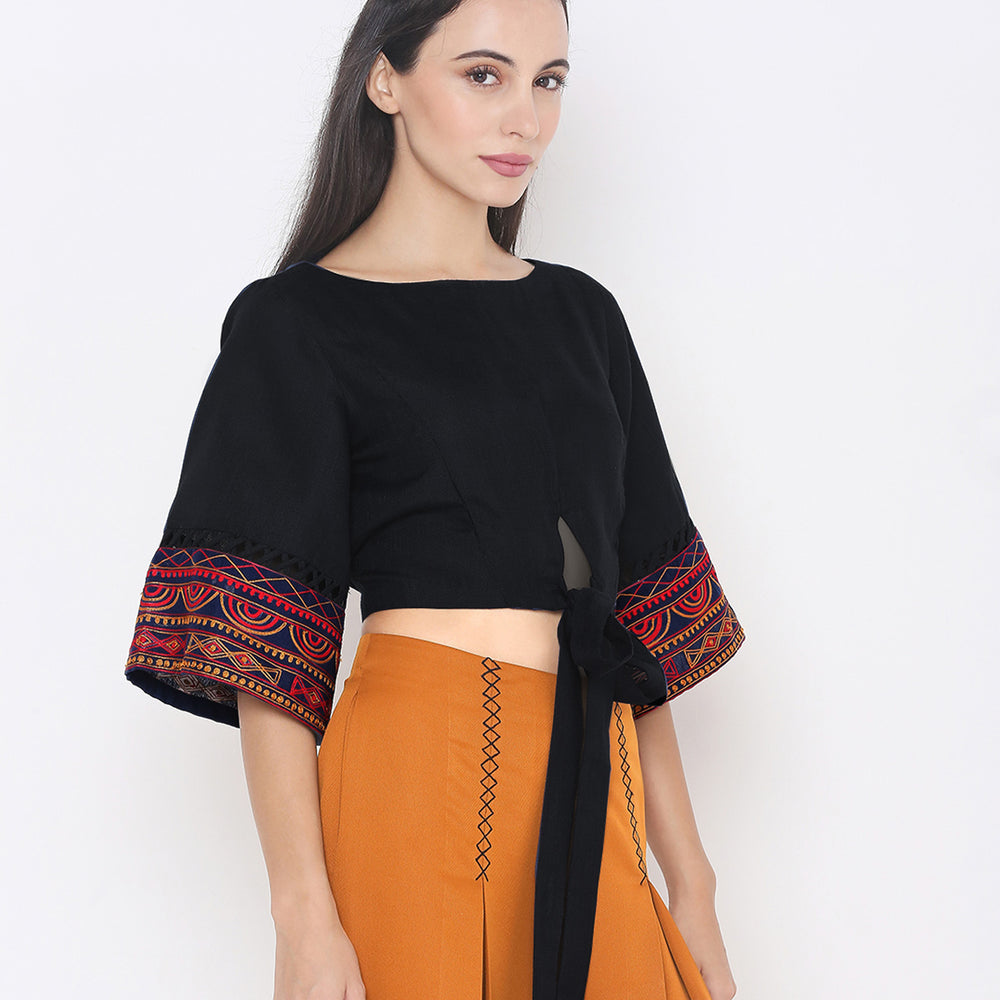 
                      
                        Women Black & Red Printed Flared Sleeves Embroidered Crop Top
                      
                    