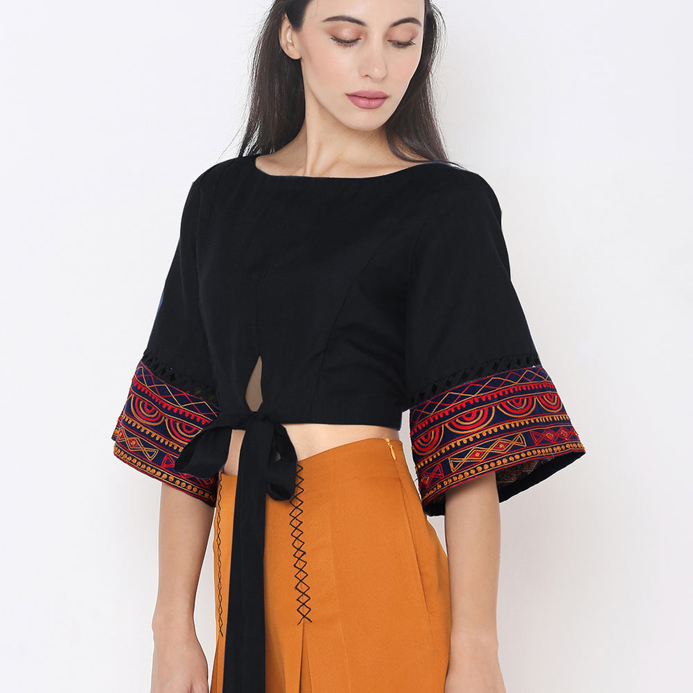 
                      
                        Women Black & Red Printed Flared Sleeves Embroidered Crop Top
                      
                    