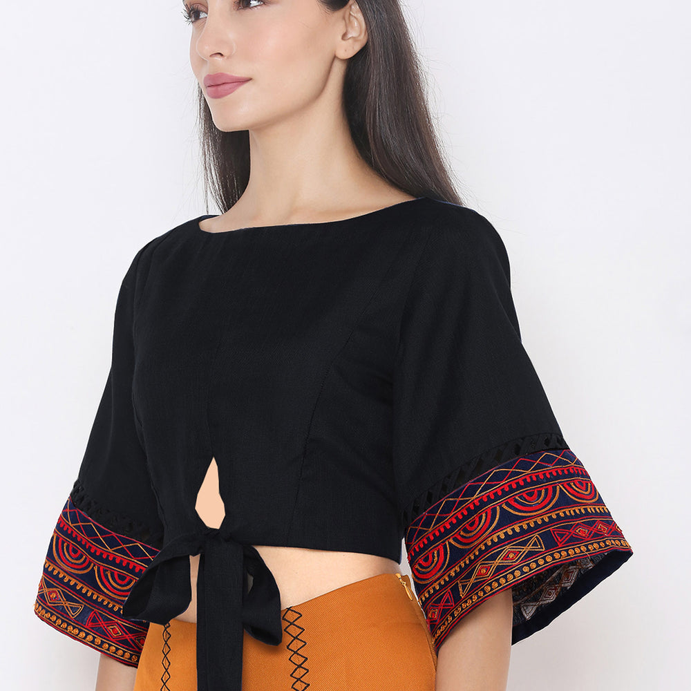 
                      
                        Women Black & Red Printed Flared Sleeves Embroidered Crop Top
                      
                    