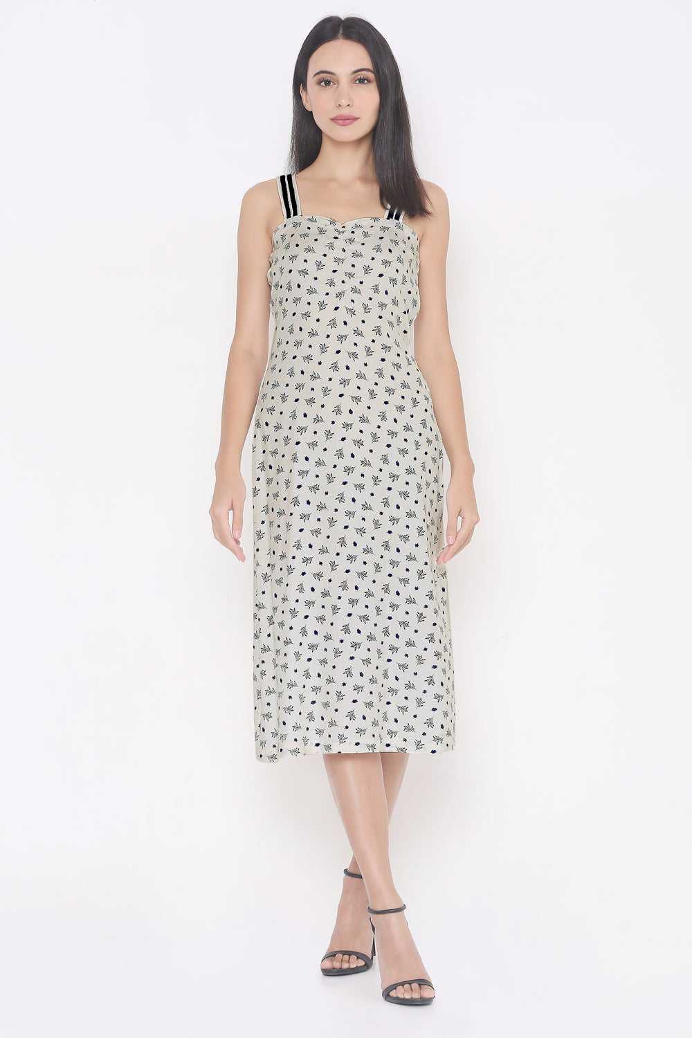 Aturabi Off White Floral Print A-Line Midi Dress