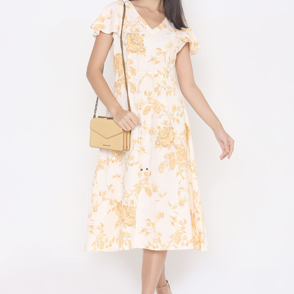 Off White Floral Linen A-Line Midi Dress