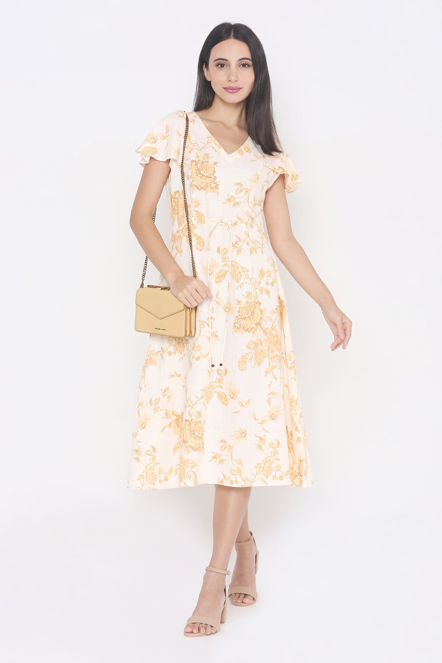 Off White Floral Linen A-Line Midi Dress