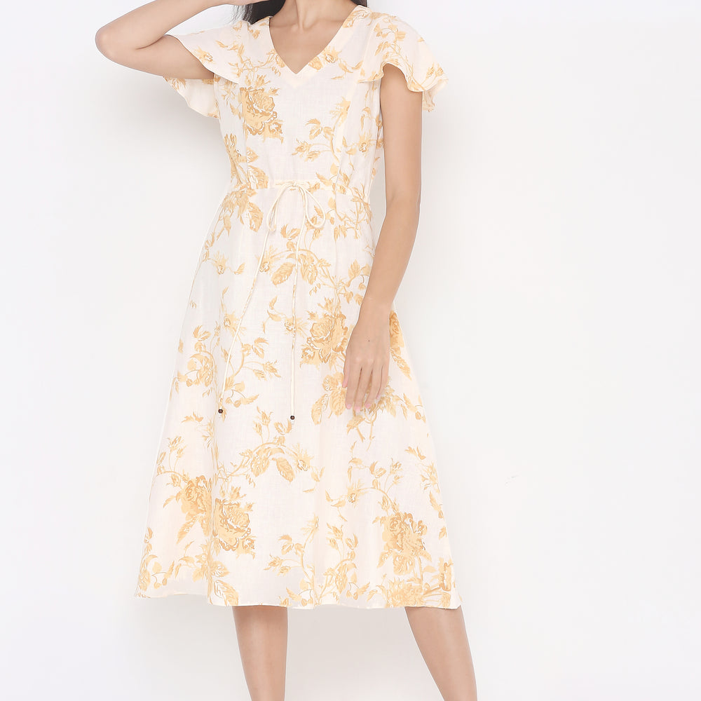 
                      
                        Off White Floral Linen A-Line Midi Dress
                      
                    