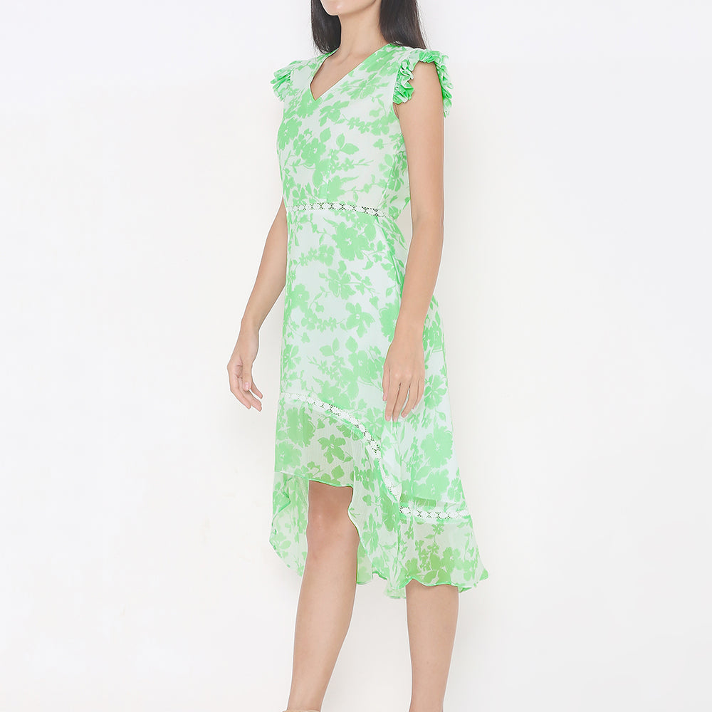 
                      
                        Elegant White Kurti with Green Floral Print and Lace
                      
                    