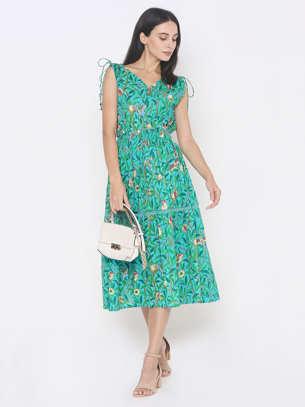 aturabi Green colour floral Print fit and flare Midi dress