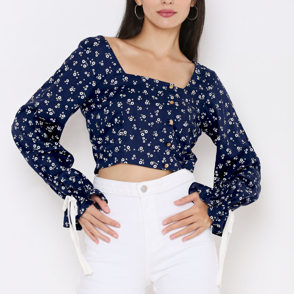 
                      
                        Blue Floral Print Crop Top
                      
                    