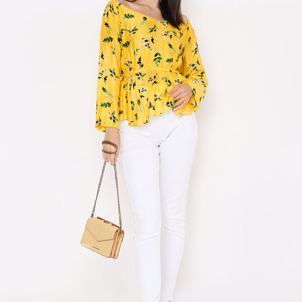 
                      
                        Aturabi Women Yellow Tropical Printed Off-Shoulder Cinched Waist Peplum Top
                      
                    