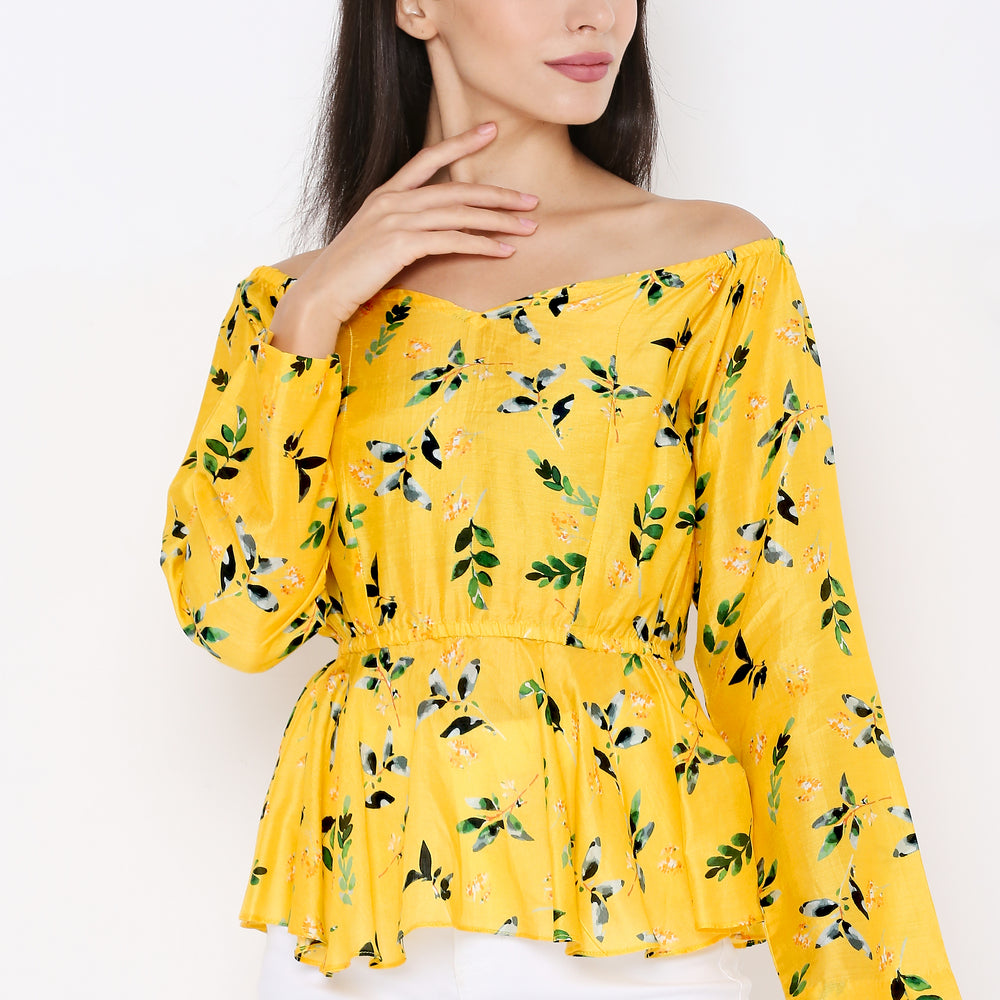 Aturabi Women Yellow Tropical Printed Off-Shoulder Cinched Waist Peplum Top