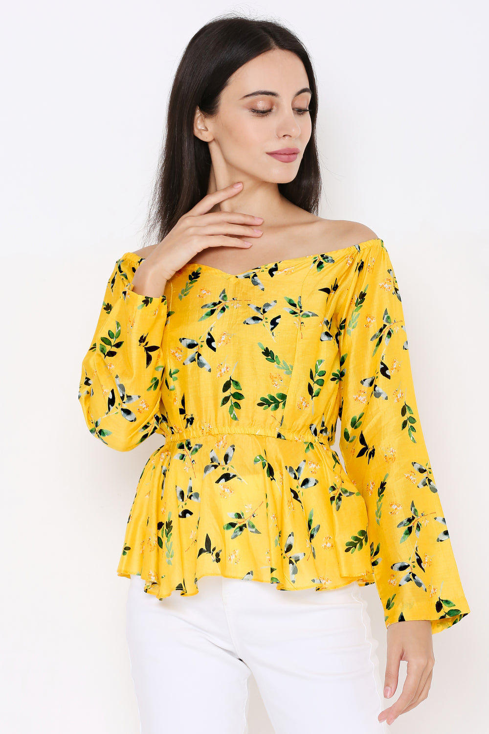 Aturabi Women Yellow Tropical Printed Off-Shoulder Cinched Waist Peplum Top