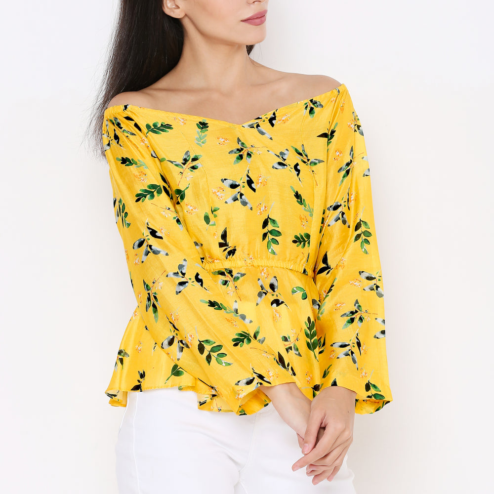 
                      
                        Aturabi Women Yellow Tropical Printed Off-Shoulder Cinched Waist Peplum Top
                      
                    