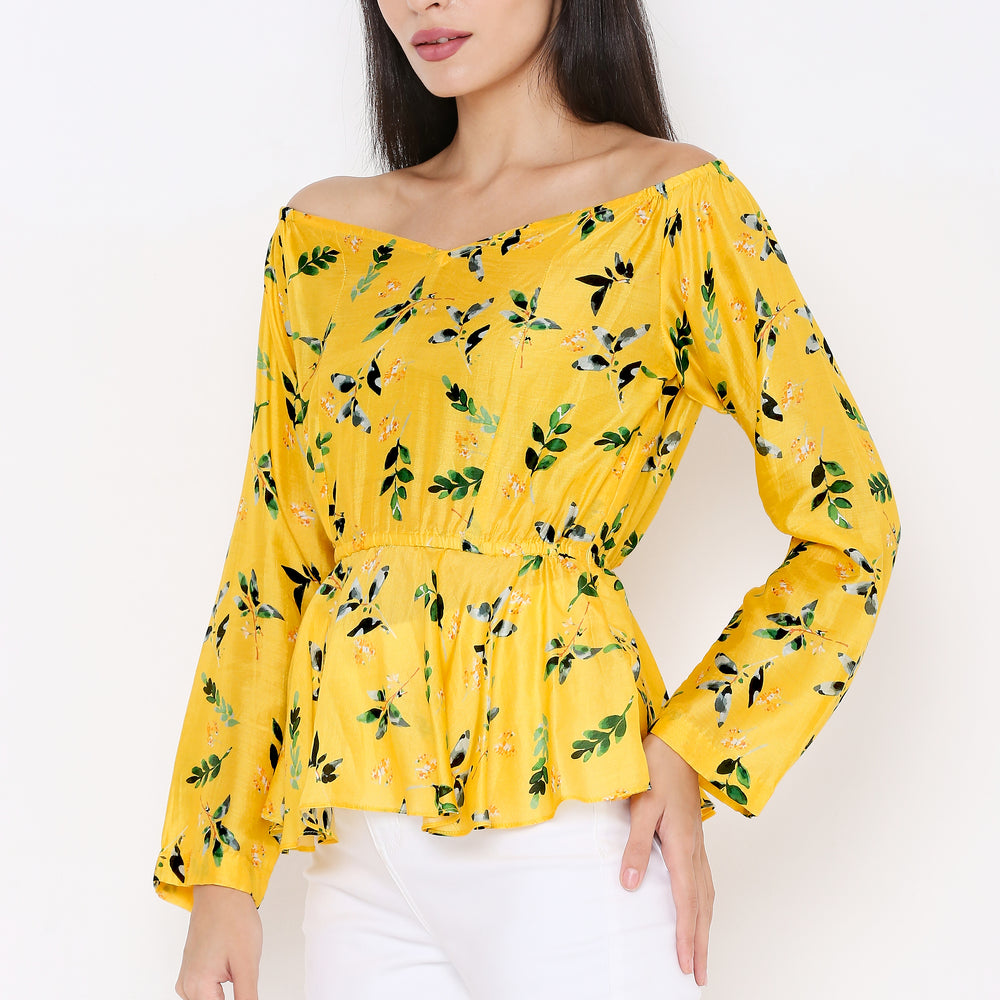 
                      
                        Aturabi Women Yellow Tropical Printed Off-Shoulder Cinched Waist Peplum Top
                      
                    