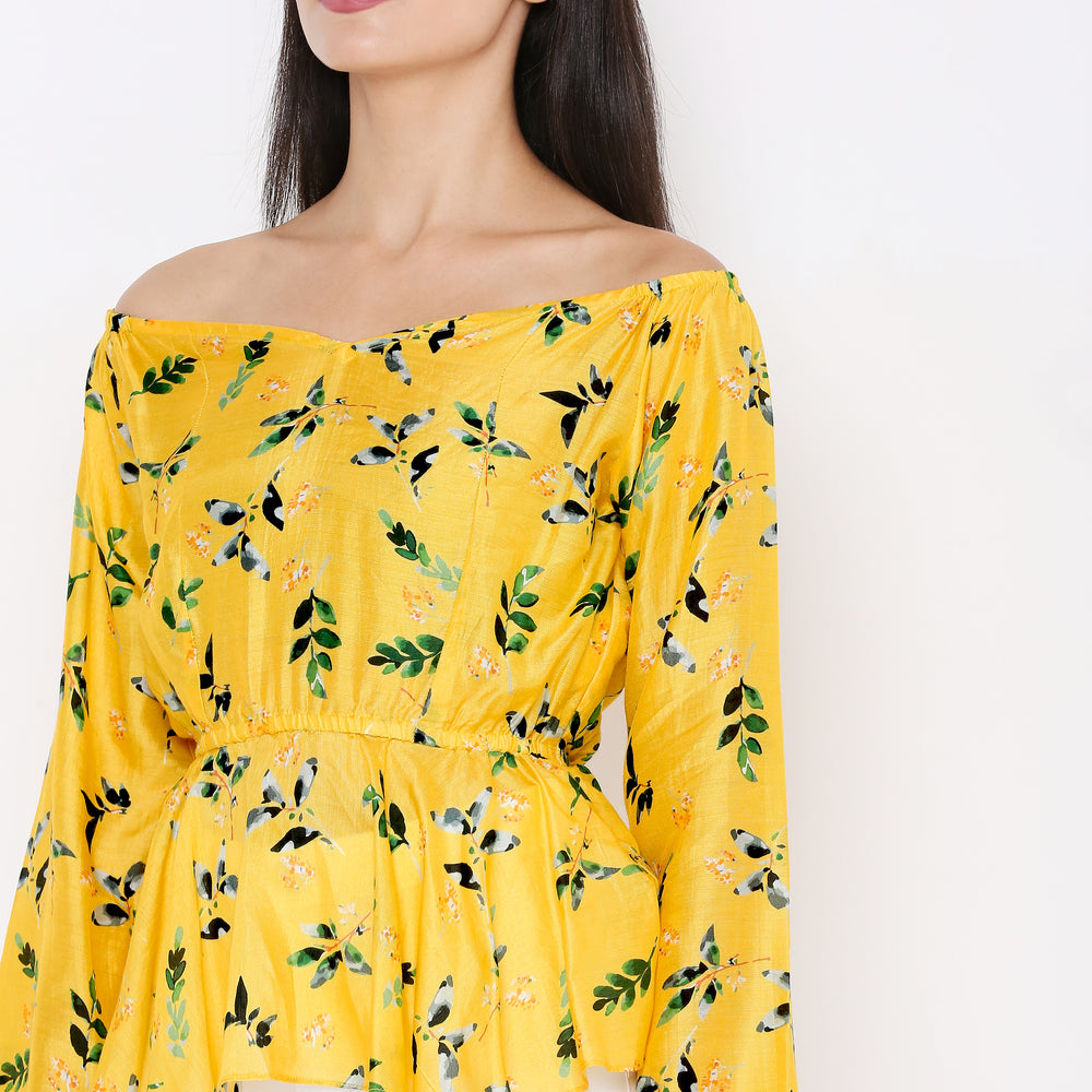 
                      
                        Aturabi Women Yellow Tropical Printed Off-Shoulder Cinched Waist Peplum Top
                      
                    