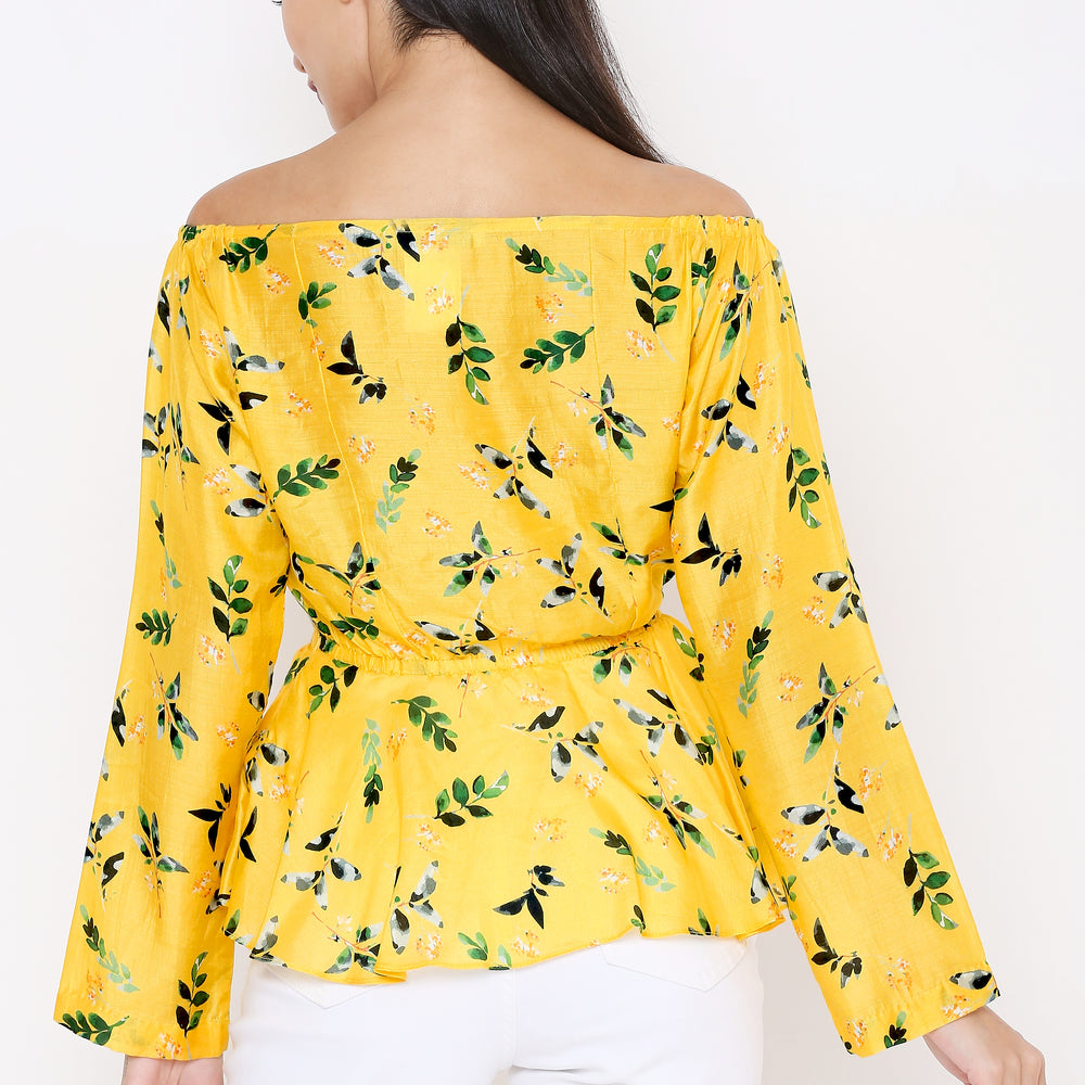 
                      
                        Aturabi Women Yellow Tropical Printed Off-Shoulder Cinched Waist Peplum Top
                      
                    