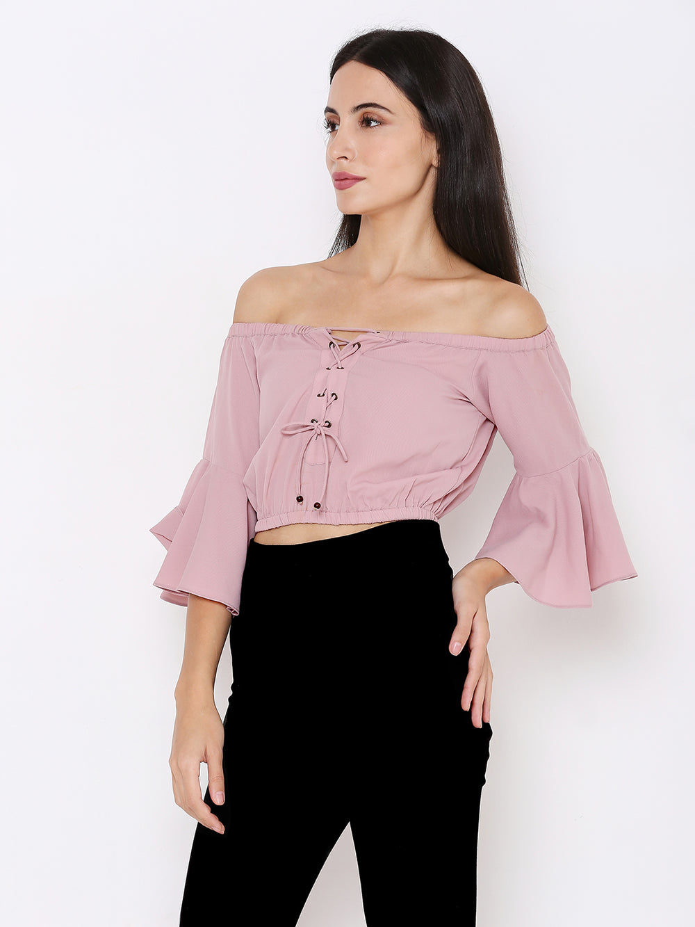 Aturabi Pink Off-Shoulder Bardot Crop Top