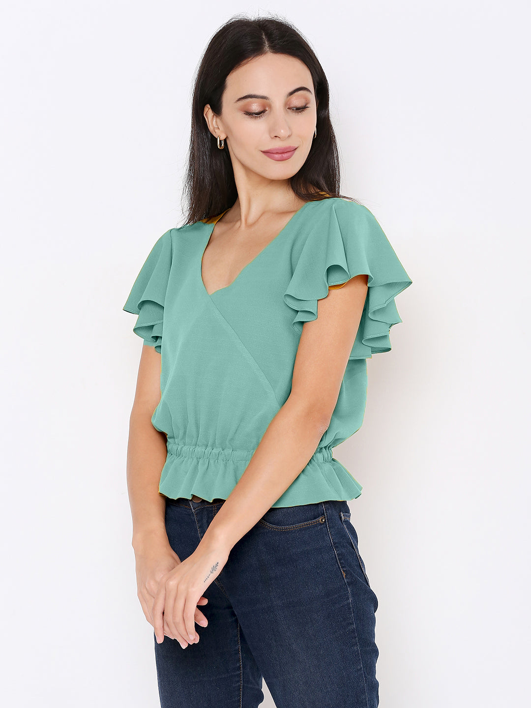 aturabi Women Green V-neck Wrap Top