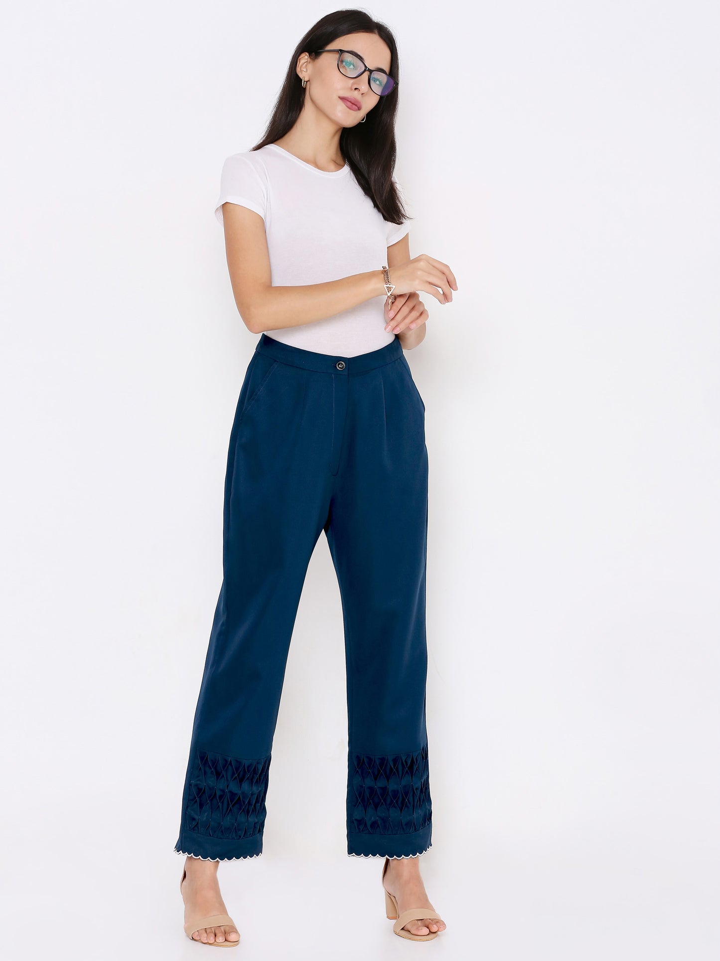 Women Regular Fit Blue Relaxed High-Rise Trousers