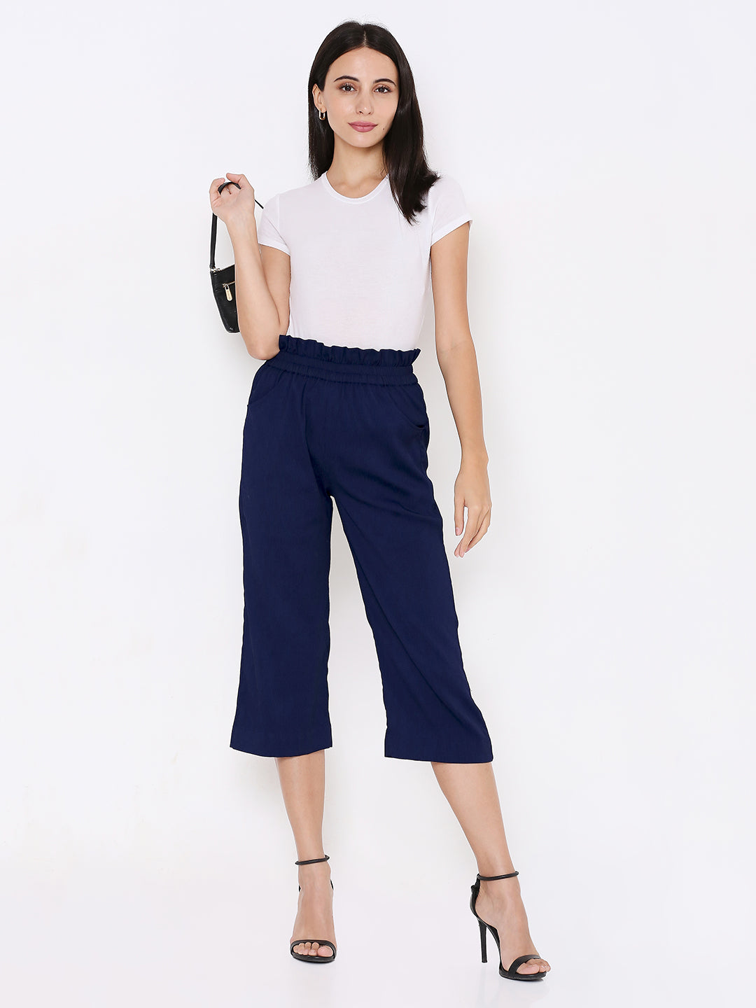 Women's Blue Relaxed High-Rise Culottes Trousers