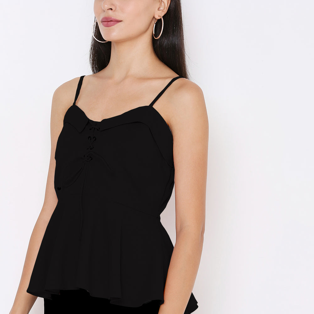 
                      
                        Aturabi Black Strappy Top with Tie-Up
                      
                    