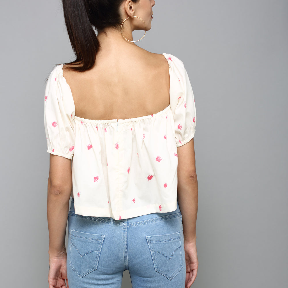 
                      
                        White with pink floral print Square Neckline with elastic gathering Half Sleeves Casual Crop Top
                      
                    