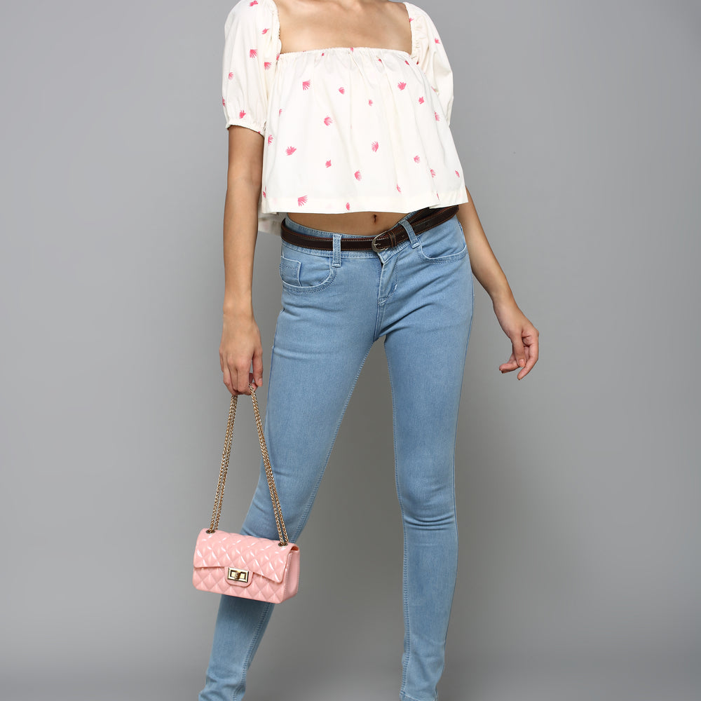 
                      
                        White with pink floral print Square Neckline with elastic gathering Half Sleeves Casual Crop Top
                      
                    