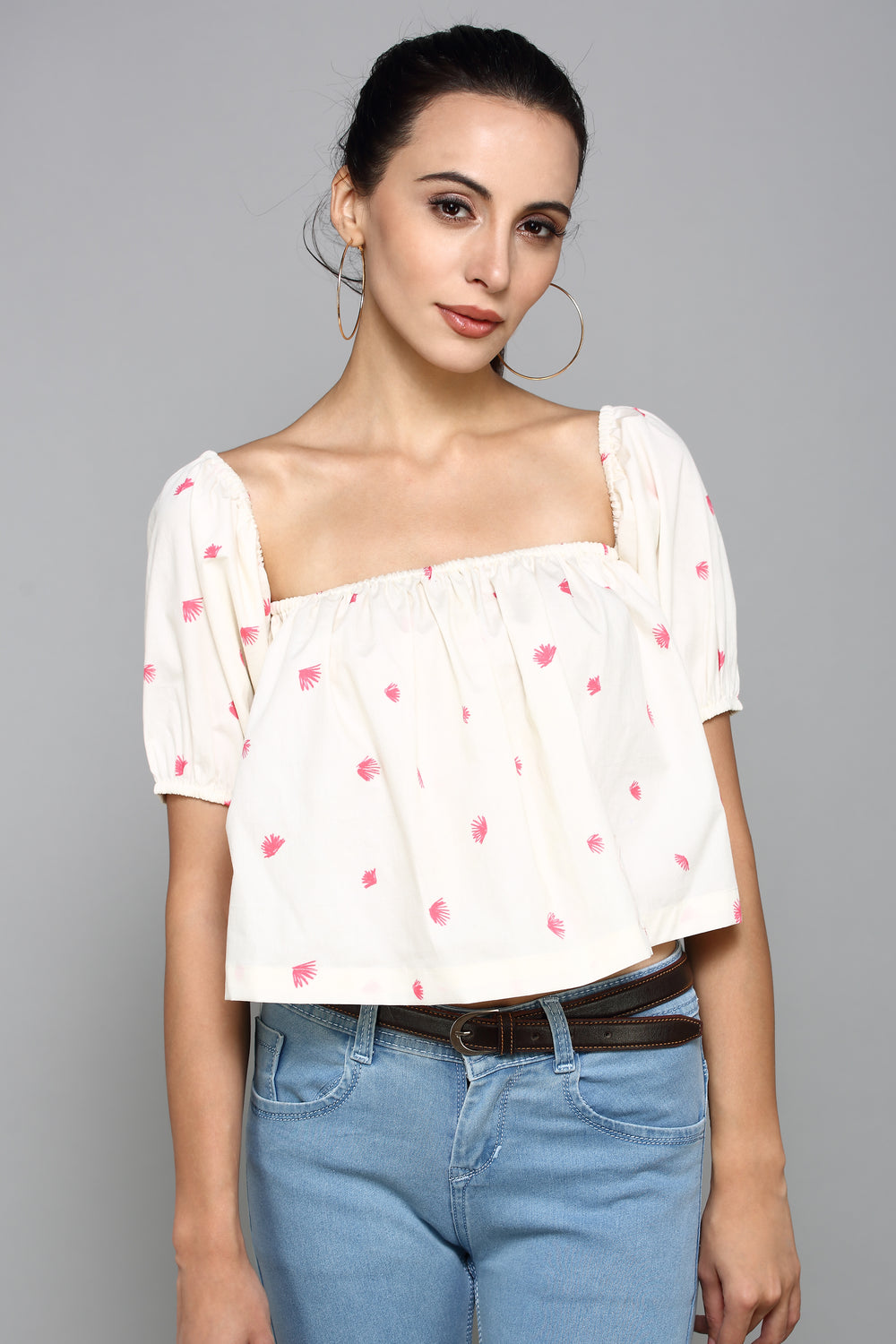 White with pink floral print Square Neckline with elastic gathering Half Sleeves Casual Crop Top