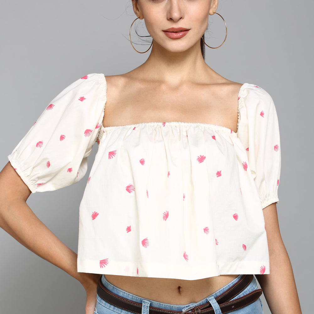 
                      
                        White with pink floral print Square Neckline with elastic gathering Half Sleeves Casual Crop Top
                      
                    