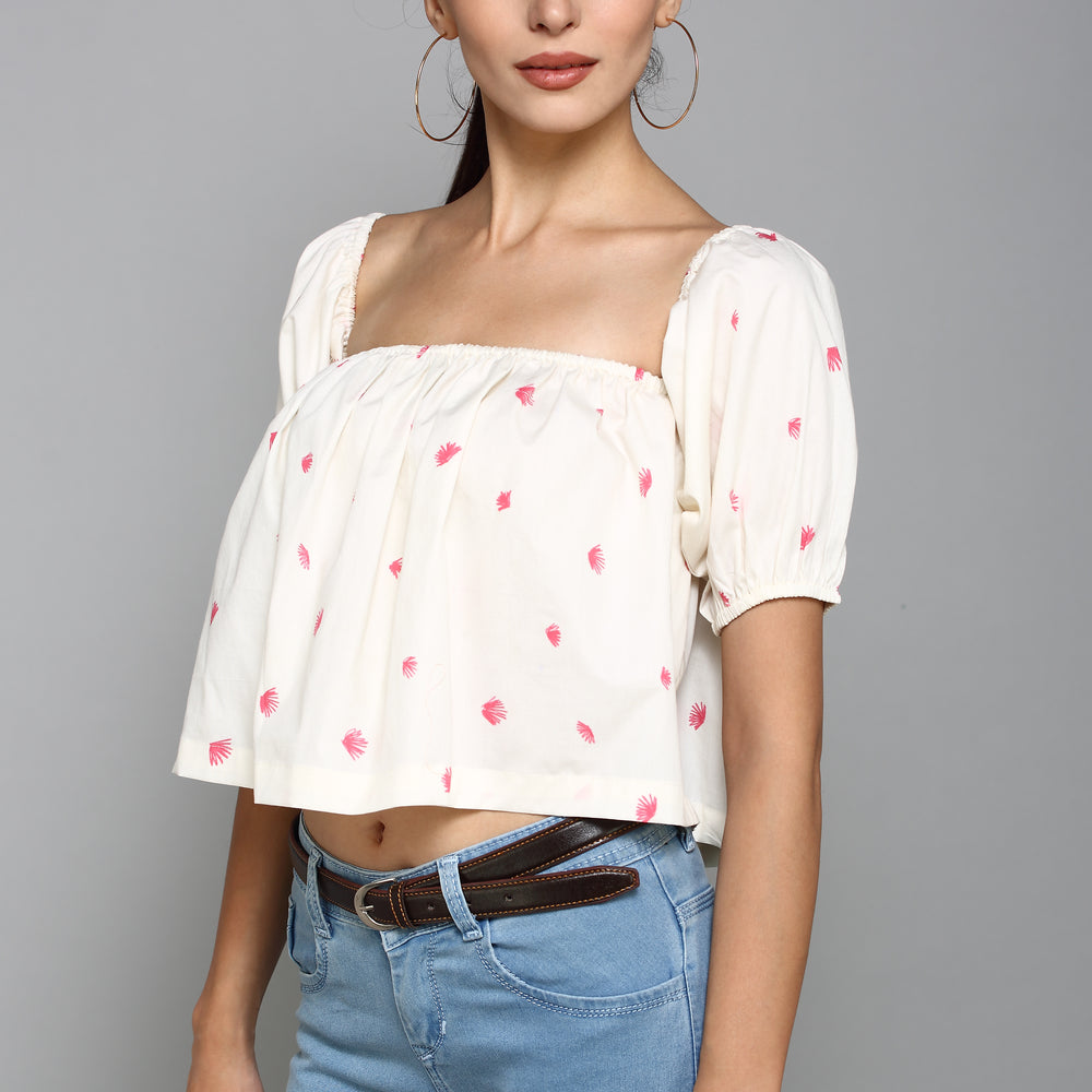 
                      
                        White with pink floral print Square Neckline with elastic gathering Half Sleeves Casual Crop Top
                      
                    