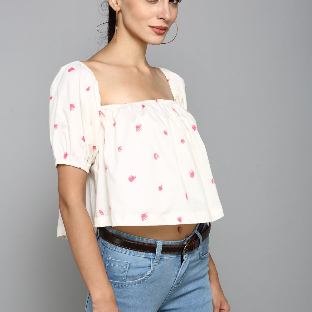 
                      
                        White with pink floral print Square Neckline with elastic gathering Half Sleeves Casual Crop Top
                      
                    